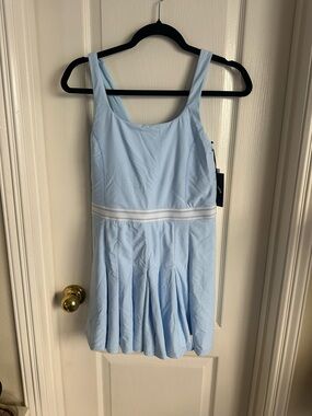 The Upside Powder Blue Pleated Tennis Dress with White Waist Stripes